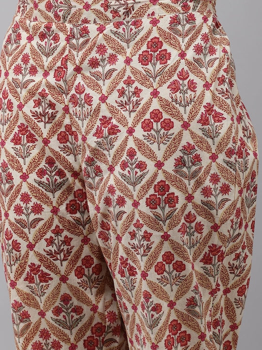 Yufta Women Off White Floral Printed Regular Thread Work Pure Cotton Kurta with Trousers & With Dupatta