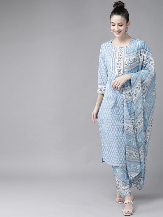 Yufta Women Blue & White Ethnic Printed Pure Cotton Kurta with Trousers & With Dupatta - S