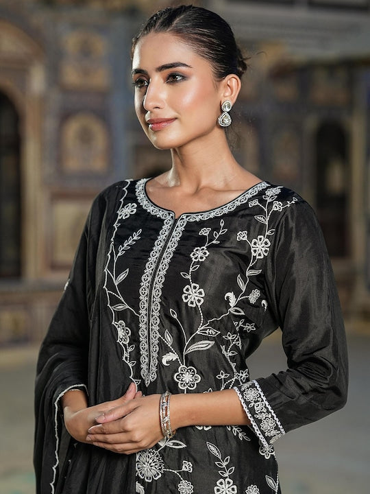 Scakhi Floral Embroidered Chikankari Straight Kurta With Trousers & Dupatta