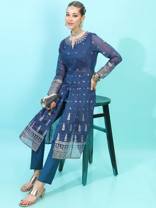 Vishudh Women Blue Ethnic Motifs Embroidered Kurta with Trousers