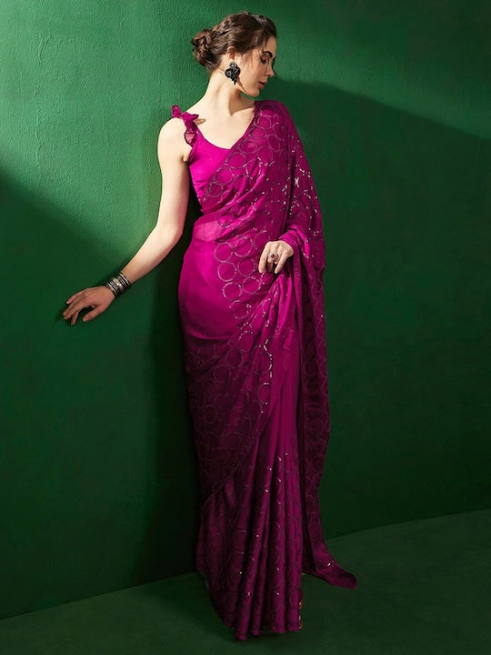 Sangria Embellished Beads & Stones Pure Georgette Saree