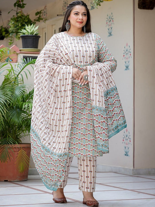 Yufta Plus Size Floral Printed Pure Cotton Straight Kurta & Trousers With Dupatta