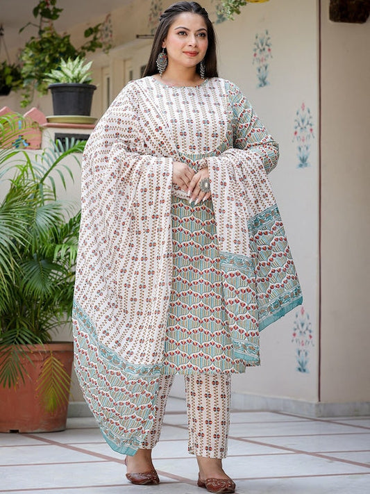 Yufta Plus Size Floral Printed Pure Cotton Straight Kurta & Trousers With Dupatta