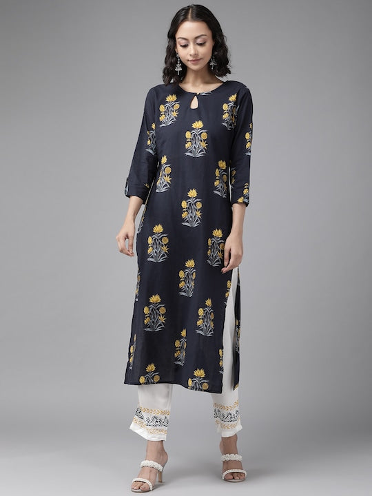 Yufta Women Navy Blue & Mustard Yellow Floral Printed Pure Cotton Kurta with Palazzos White
