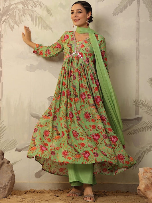 Scakhi Floral Printed V-Neck Mirror Work Kurta with Trousers & Dupatta