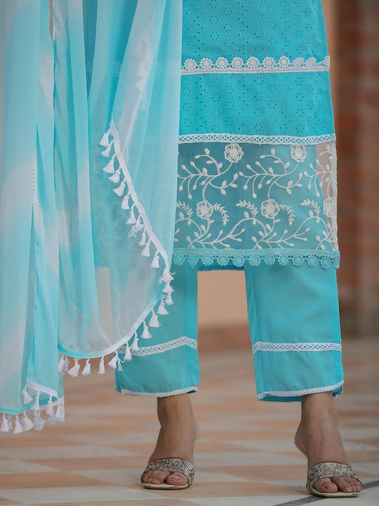 SCAKHI Floral Embroidered Chikankari Schiffli Pure Cotton Kurta With Trousers & Dupatta