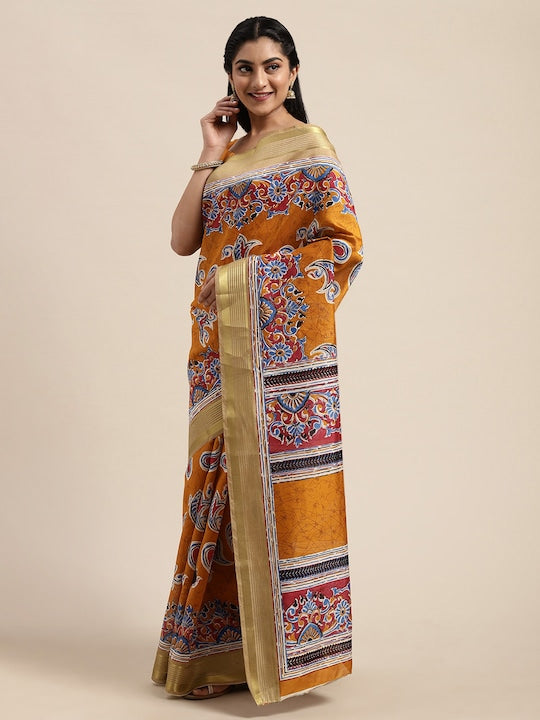 Saree mall Mustard & White Art Silk Kalamkari Ethnic Printed Bagru Saree