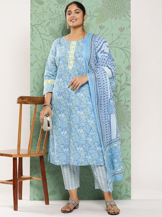 Yufta Plus Size Floral Printed Thread Work Pure Cotton Kurta with Trousers & With Dupatta