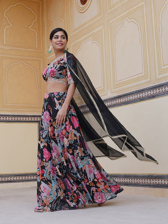 AKS Couture Floral Printed Ready to Wear Lehenga & Blouse With Dupatta