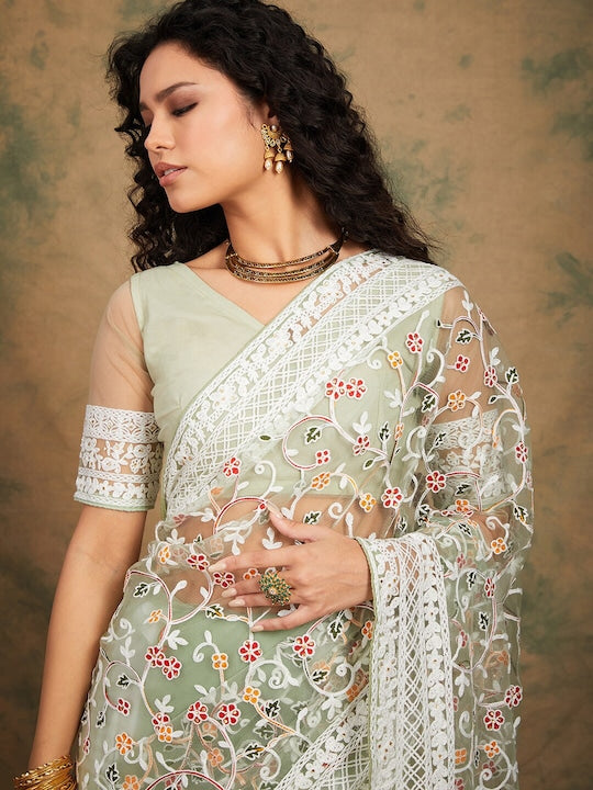 Sangria Green Floral Embroidered Net Saree