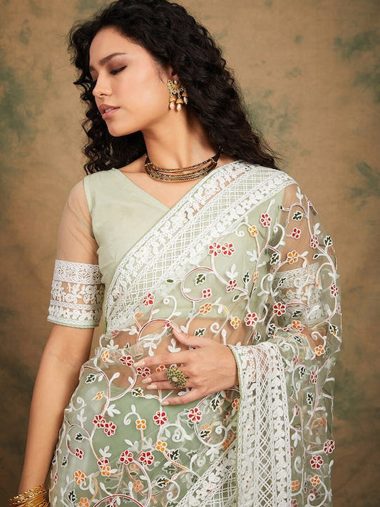 Sangria Green Floral Embroidered Net Saree