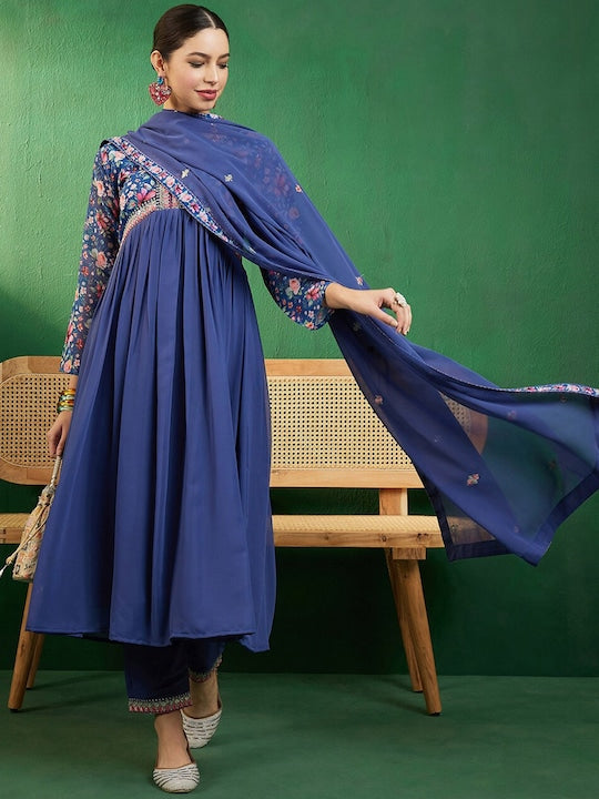 Sangria Blue Yoke Design Printed Georgette A-Line Empire Kurta With Trousers & Dupatta