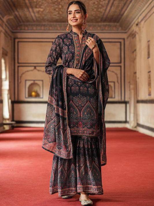 Scakhi Paisley Printed Sequinned Kurti with Sharara & With Dupatta