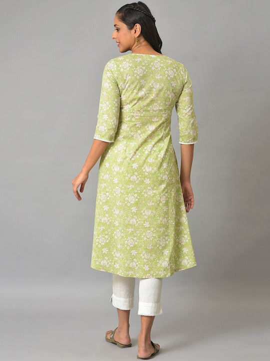 Aurelia Floral Printed Cotton V-Neck A-Line Kurta
