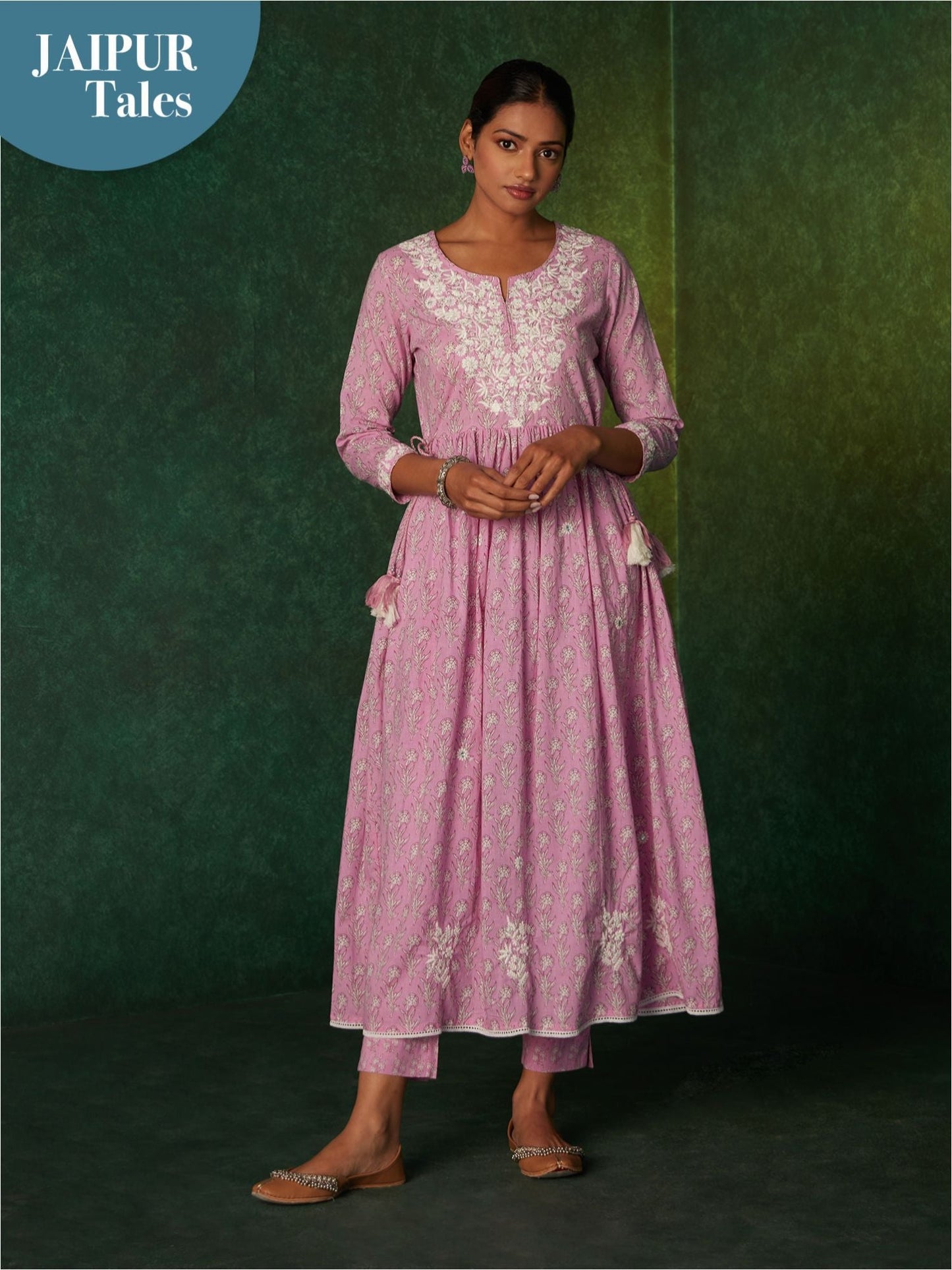 Likha Inayat Purple Jaipuri Printed Naira Cut Anarkali Co-ord Set LIKSKD143 (Set of 2) - L