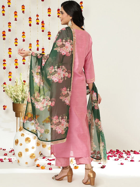 Varanga Women Pink Ethnic Motifs Embroidered Dupion Silk Kurta with Palazzos & With Dupatta