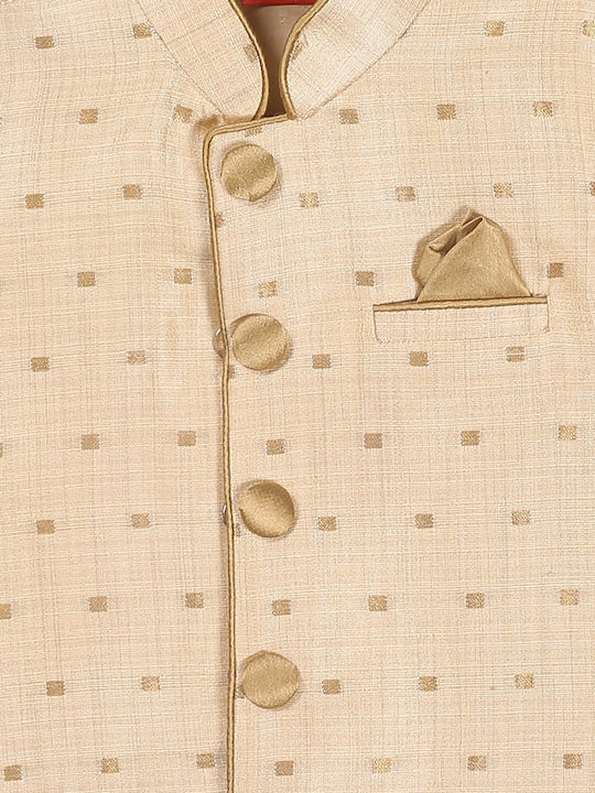 Vastramay Sishu Infant Boys Rose Gold Silk Blend Kurta & Pyjamas With Gold Woven Nehru Jacket