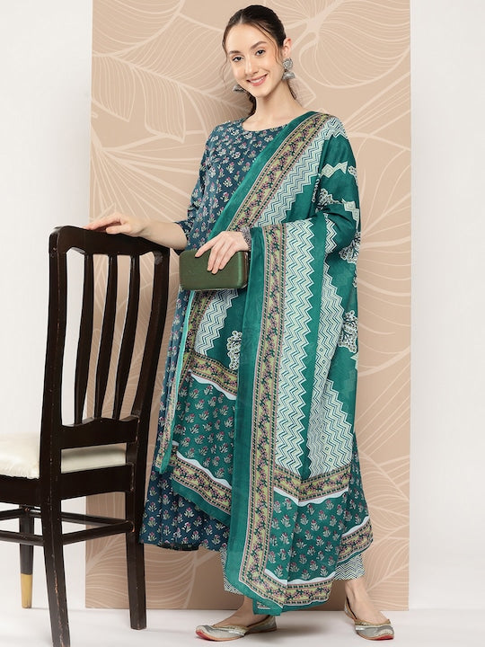 Yufta Women Floral Printed Regular Pure Cotton Kurta with Trousers & With Dupatta