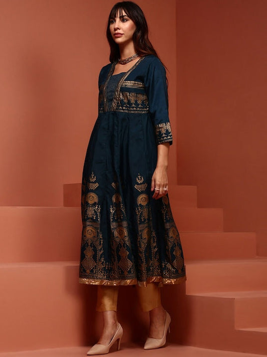 IMARA Ethnic Motifs Embroidered Square Neck Angrakha A-Line Kurta