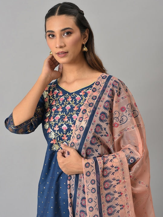 Aurelia Women Blue Floral Embroidered Thread Work Kurti with Dhoti Pants & With Dupatta