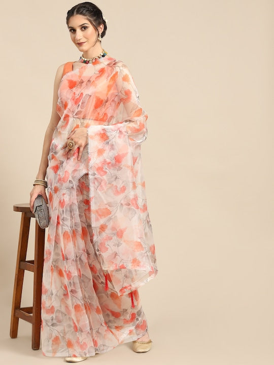 All about you White & Peach-Coloured Floral Organza Saree