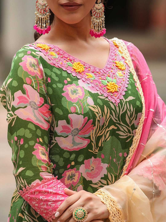 Scakhi Floral Printed Regular Silk Crepe Kurta with Trousers & Dupatta