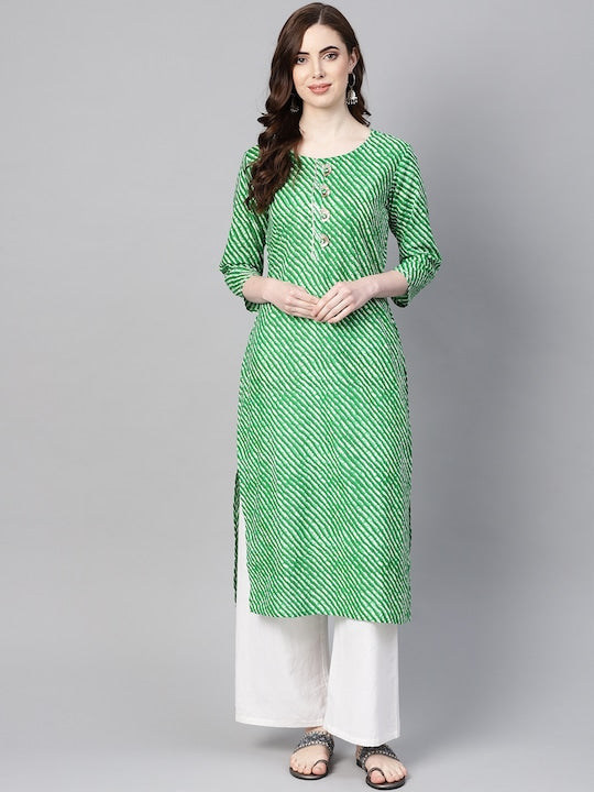 Yufta Women Green & Off-White Leheriya Dyed Straight Kurta Green