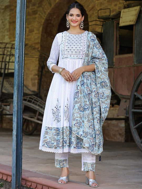Scakhi Floral Embroidered Empire Mirror Work Pure Cotton Kurta With Trousers & Dupatta