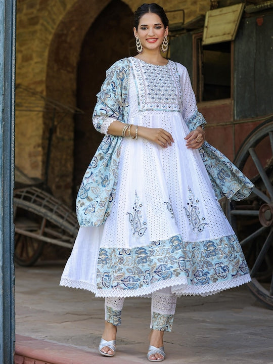 Scakhi Floral Embroidered Empire Mirror Work Pure Cotton Kurta With Trousers & Dupatta