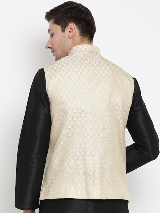 Vastramay Men Cream-Coloured Woven Design Nehru Jacket