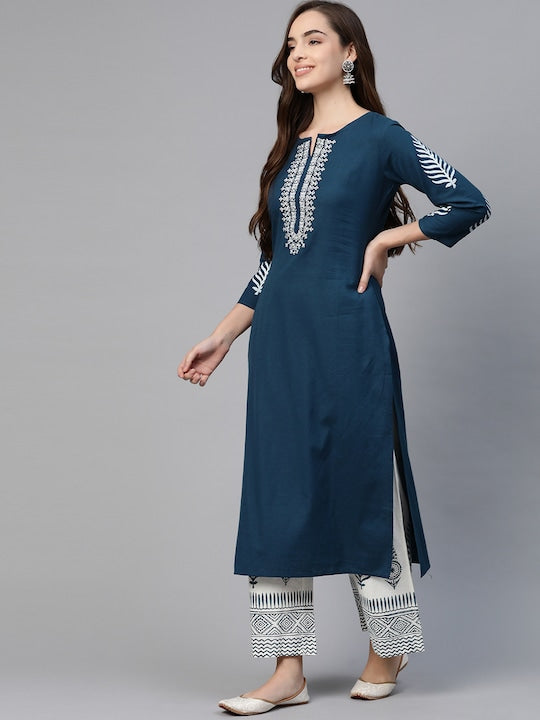 Yufta Women Navy Blue & White Yoke Design Thread Work Cotton Kurta with Palazzos & Dupatta