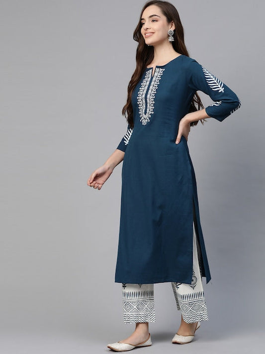 Yufta Women Navy Blue & White Yoke Design Thread Work Cotton Kurta with Palazzos & Dupatta