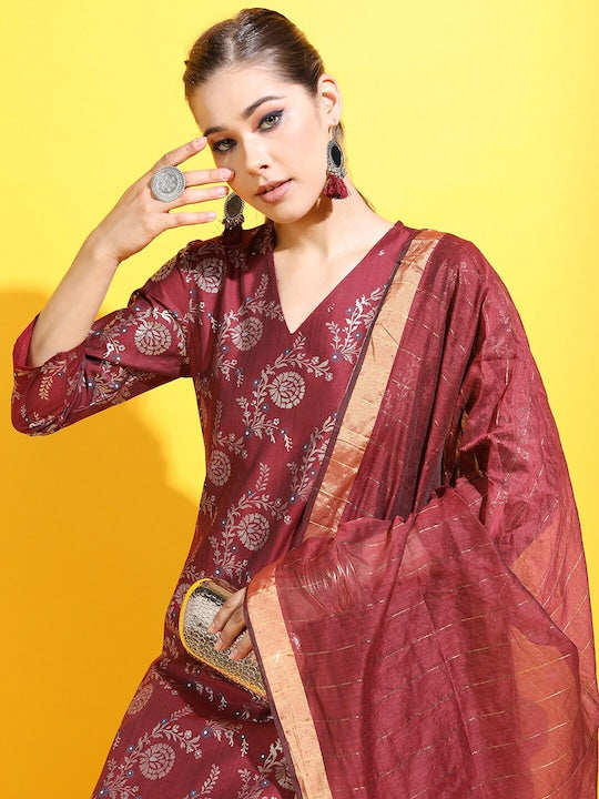 Vishudh Women Red Floral Kurta with Trousers & With Dupatta