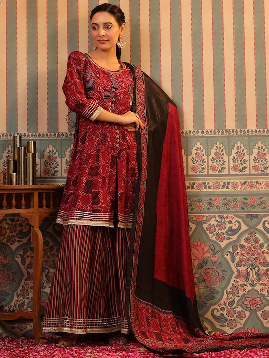 Scakhi Ethnic Motifs Printed Gotta Patti Anarkali Kurta with Sharara & Dupatta