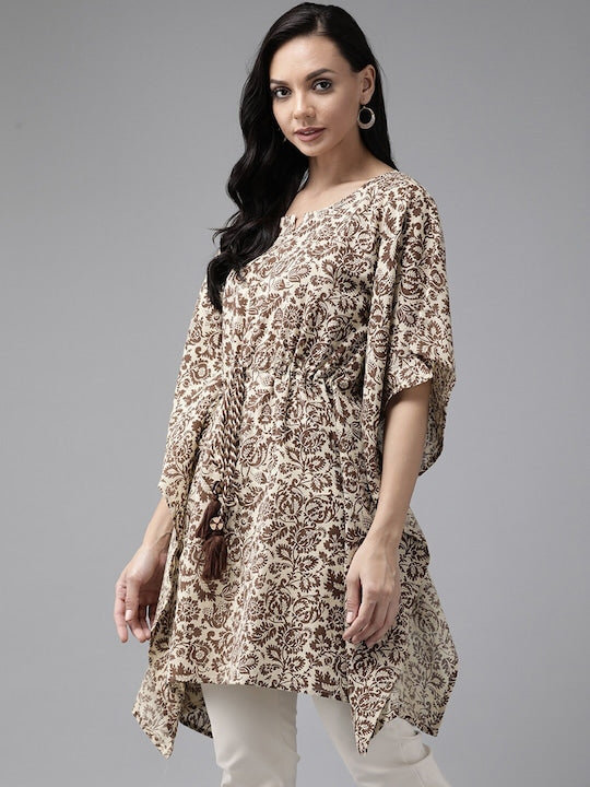 Yufta Women Coffee Brown & Beige Floral Printed Pure Cotton Kaftan Kurta