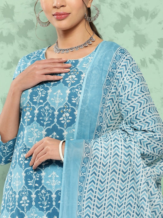 Yufta Ethnic Motifs Printed Beads & Stones Detail Cotton Kurta with Trousers & Dupatta