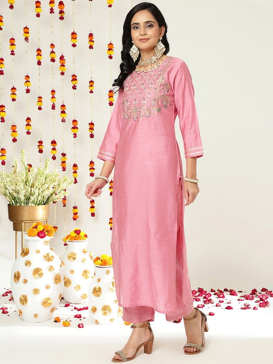 Varanga Women Pink Ethnic Motifs Embroidered Dupion Silk Kurta with Palazzos & With Dupatta