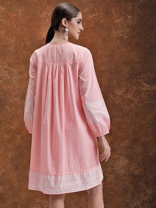 Vishudh Tie-Up Neck Long Sleeves Cotton Embroidered Midi A-Line Dress