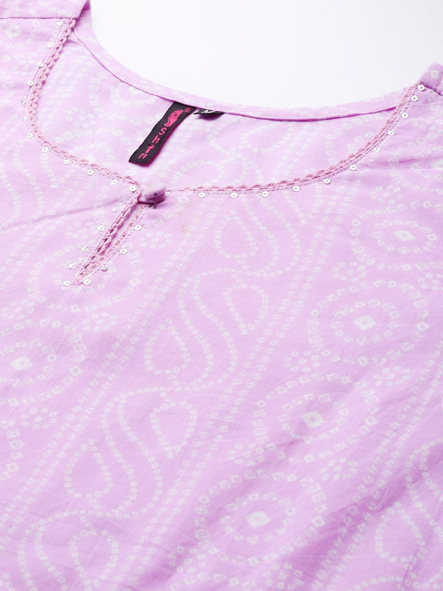 ISHIN Womens Cotton Blend Lavender Bandhani Printed A-Line Kurta