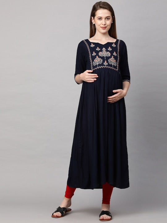 MomToBe Woman Navy Blue Yoke Design Maternity Nursing Kurta