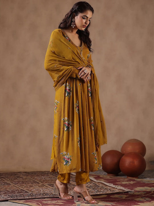 ScakhiI Floral Printed Empire Sequinned Kurta With Trousers & Dupatta