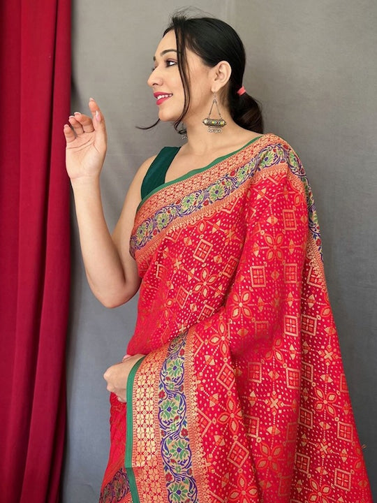 Satrani Jacquard & Tassels Zari Art Silk Fusion Saree