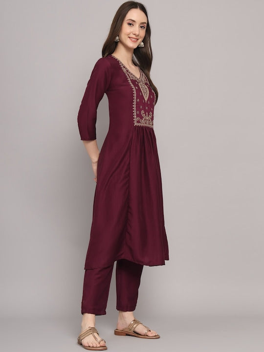 Myshka Ethnic Motifs Embroidered Gotta Patti Pure Silk Kurta With Trousers & Dupatta