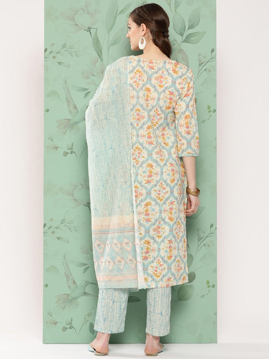 Yufta Floral Printed Sequinned Pure Cotton Kurta with Trousers & With Dupatta