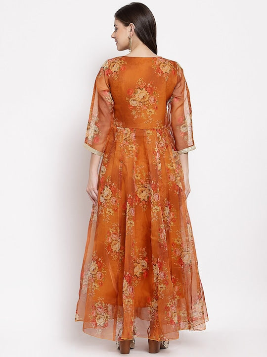 Myshka Brown Floral Printed Anarkali Dress