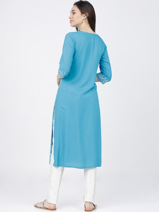 Vishudh Women Turquoise Blue & White Ethnic Motifs Printed Kurta