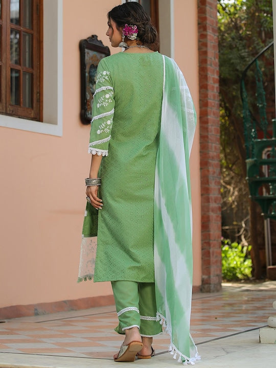 SCAKHI Floral Embroidered Chikankari Pure Cotton Kurta With Trousers & With Dupatta