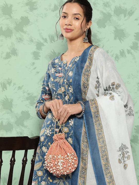 Yufta Ethnic Motifs Printed Gotta Patti Detail Cotton Kurta with Trousers & Dupatta