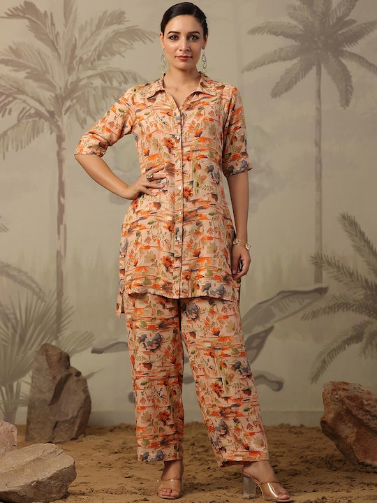 SCAKHI Absatrct Printed Shirt Collar High Low Hem Kurti With Palazzos