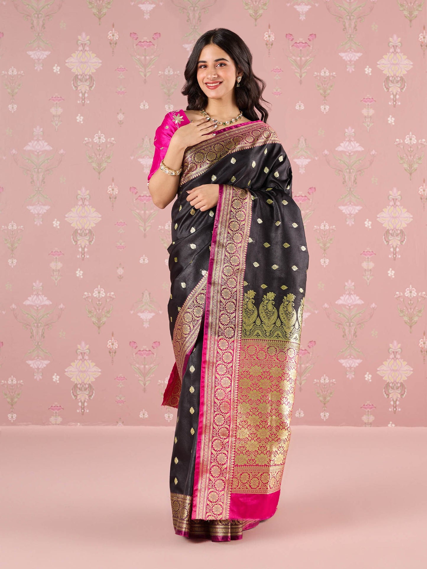 Likha Black Karigar Korner Satin Silk Antique Zari Border Saree with Unstitched Blouse LIKKKSAR11